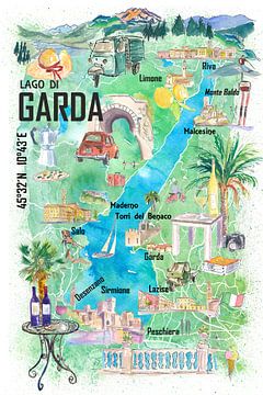 Gardasee Italien Illustrierte Karte mit Straßen und touristischen Highlights von Markus Bleichner