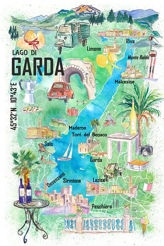 Lac de Garde Italie Carte illustrée avec routes et sites touristiques sur Markus Bleichner