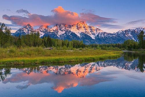 Zonsopkomst bij Schwabacher Landing, Grand Teton N.P, Wyoming.