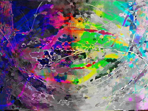 Modern, Abstract Digitaal Kunstwerk in Grijs en Regenboog kleuren