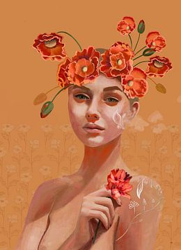 Melancholic female portrait with flowers, modern painting.