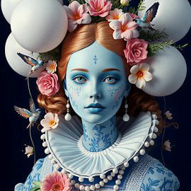 Portrait fille hollandaise delft bleu moderne.