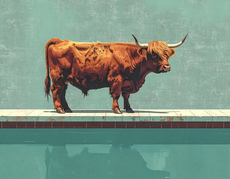 Scottish highland cow by the pool 1 of 4 by Emiel de Lange