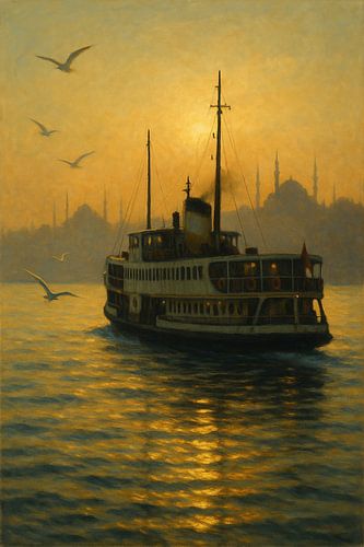 Istanbul Strait Journey: Steamboat and Skyline at Dusk