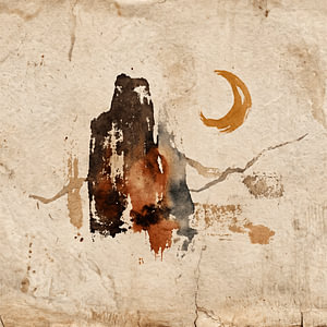Wabi-Sabi: Abstrakte japanische Landschaft mit Mond in erdigen Farbtönen