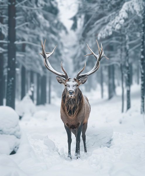 Stolzer Hirsch: Winterlandschaft von fernlichtsicht