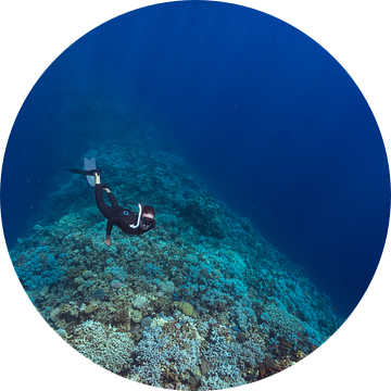 Freediver boven het zadel van Blue Hole bij Dahab van Eric van Riet Paap