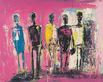 Groep mensen op roze achtergrond van Kunst Kriebels