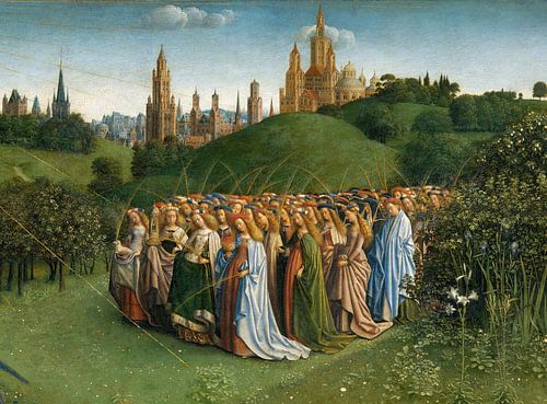 Jan van Eyck, Het Lam Gods, detail met kerken en maagden, 1432