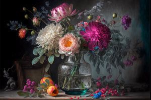 Vase mit verschiedenen Blumen auf dem Tisch