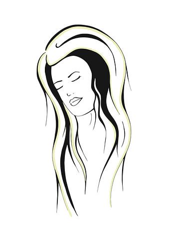 Drawing of a woman with long hair and closed eyes with black and yellow highlights