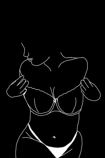 dessin au trait d'une silhouette féminine assise en lingerie par Margriet Hulsker