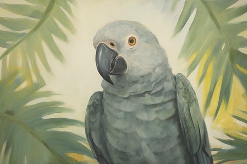 African grey parrot surrounded by leaves
