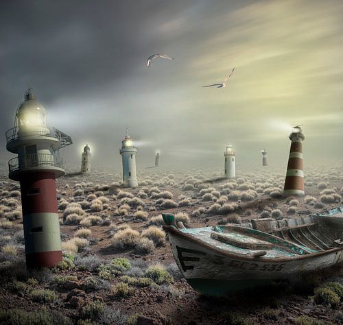 Landschap met vuurtorens