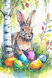 Easter bunny with colourful Easter eggs in the grass with birch trees by Jörg B. Schubert