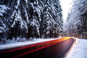 Auto rijdt door besneeuwd bos