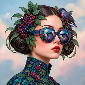 Surrealistisches Porträt einer Frau mit Sonnenbrille, Vögeln und Beeren von ¡ guay !