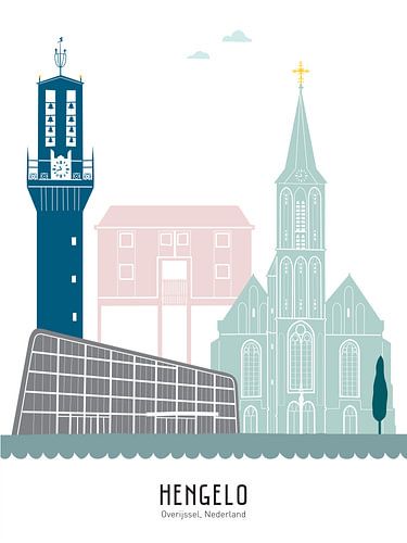 Skyline illustratie stad Hengelo in kleur