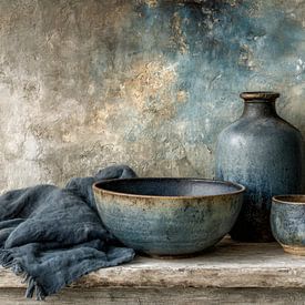 Nature morte en céramique foncée dans les tons bleu, gris et terre sur Jorali Beaux-Arts