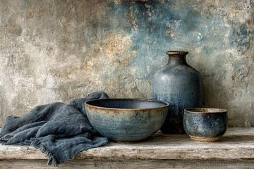 Dark Ceramic Still Life in Blue Grey and Earth tones