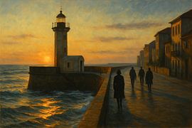 Walkers on the Breakwater: Lighthouse at Golden Hour