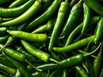 Fresh green chilli peppers in vivid close-up