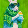 Joyeux lapin avec un œuf de Pâques et des lunettes de soleil sur But First Framing