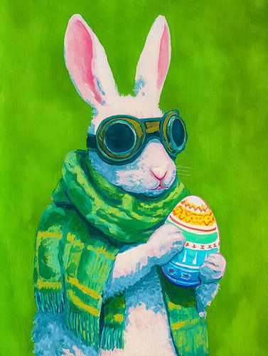 Joyeux lapin avec un œuf de Pâques et des lunettes de soleil