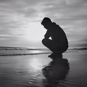 Monochrome figure on a reflective beach