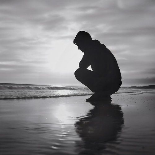 Monochrome figure on a reflective beach