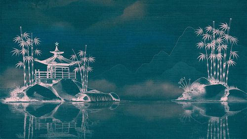 Oriental landscape: Japanese pagoda on a rocky island in a sea-green hue