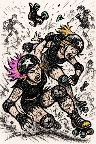 De val van twee jammers (Roller Derby. quad-rolschaatsen, botsing, hotskool, tekening, ruige sport, chaos, ster, helm )