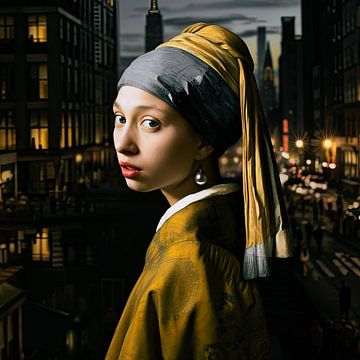 An evening Vermeer's girl with the pearl earring in town by Vlindertuin Art
