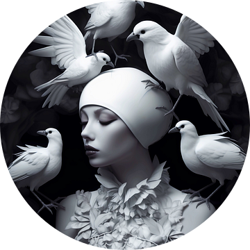 Vrouw met witte vogels van haroulita