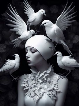 Femme avec des oiseaux blancs sur haroulita