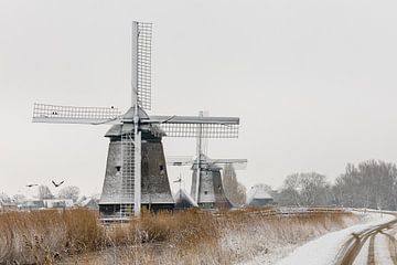 Molen in winters landsschap, zwart wit met vleugje kleur.