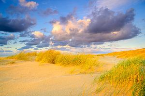 Sonnenuntergang am Strand von Texel mit Sanddünen im Vordergrund
