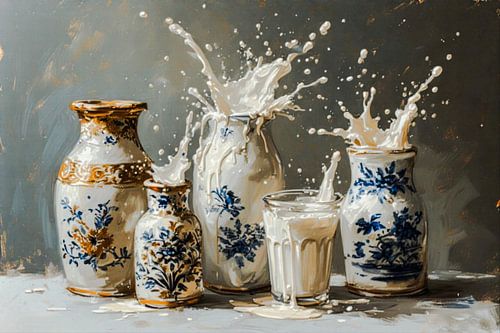 Een aantal dynamisch delfts blauwe vazen en glas met melk opspattend.