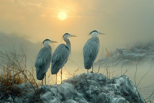Reigers bij zonsondergang