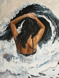 Young woman black hair waves spray enjoyment summer sun