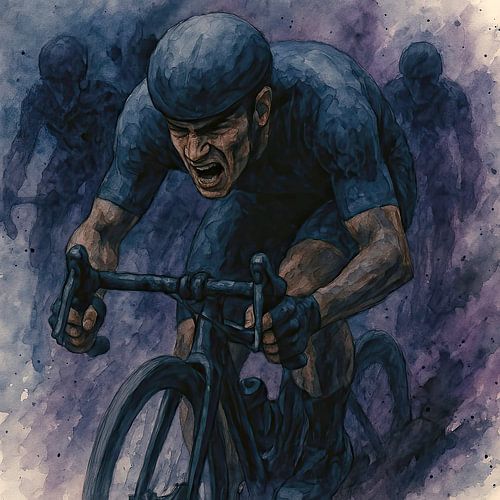 Door de pijn heen (aquarel schilderij wielrenner sportief doorzettingsvermogen stoer krachtig winnaar donker sprint concurrentie)