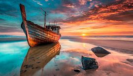 Lost Places boot met zonsondergang