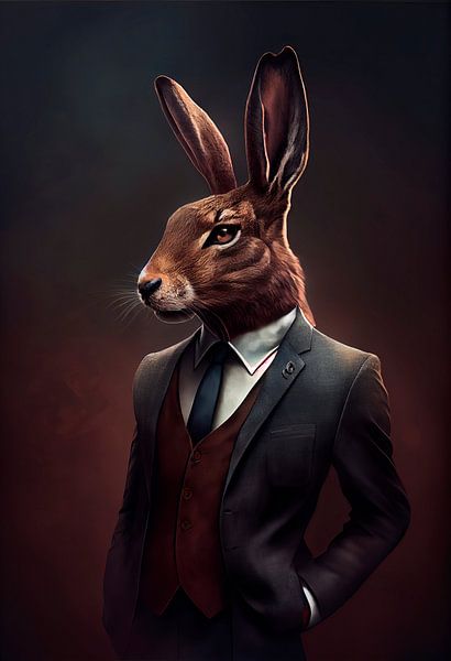 Stately standing portrait of a Hare in a suit by Maarten Knops