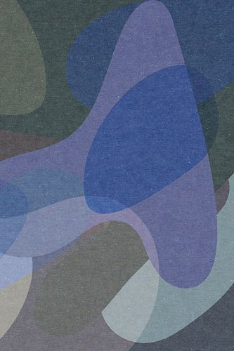 Organische vormen in blauw, lila, grijsgroen. Retro stijl abstract.