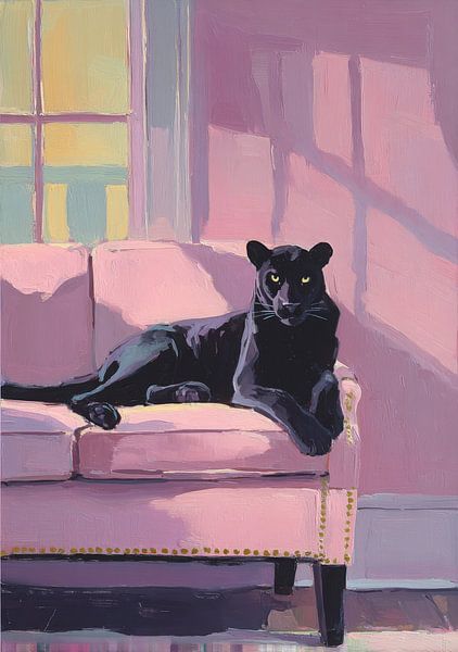 Schwarzer Panther auf rosa Couch von Niklas Maximilian