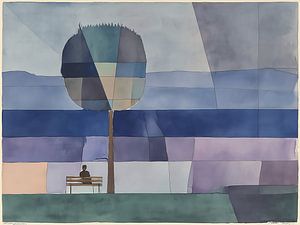 Paysage abstrait avec un pommier et un banc