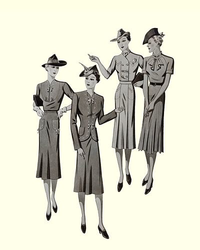 Reproductie van nostalgische afbeelding van dames uit het oude modeblad 'La Charmante Parisienne'.
