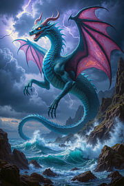 Fantasy Gothic Wall Art: AZURYTHOS - A Blue Dragon Flies Along the Coast by INFERAURUM - Dark Fantasy Wall Art