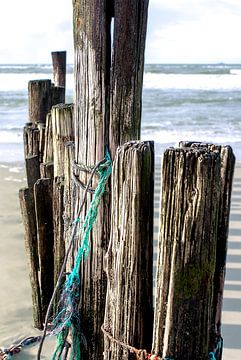 Verlaten strand met palengolfbreker van Simon van der Plas