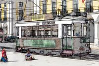 A historic tramway travels through the old town of Lisbon